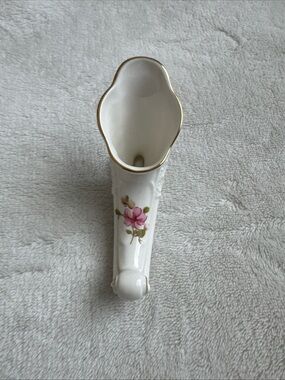 Lindner Handarbeit W Germany Cornucopia Horn Vase Bud Vase Pink Floral Gold Trim